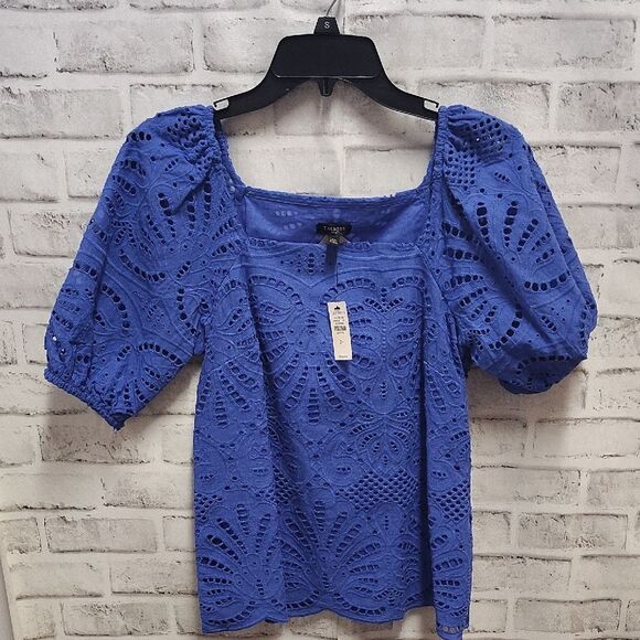 Talbots Blue Puff Sleeve Blouse with Relaxed Ruffled Style - Picture 1 of 4